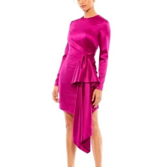 Mac Duggal Asymmetric Magenta Draped Hem Mini Dress - Picture 3 of 12
